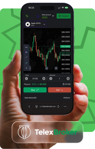 TelexBroker demo account on a mobile device showing virtual balance